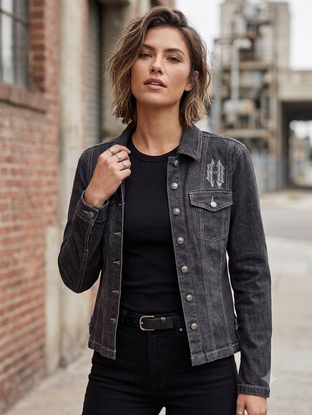 Harley-Davidson Black Washed Denim Trucker Jacket with Embroidered Chest Logo